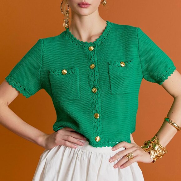 English Factory Sweaters - New English Factory Cotton Short Sleeve Cardigan Jade Green Large